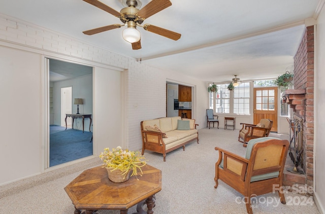 living room with carpet flooring and ceiling fan