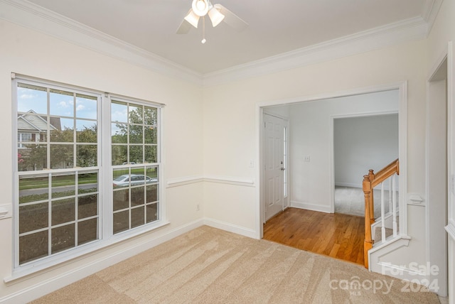 carpeted spare room featuring crown molding and ceiling fan