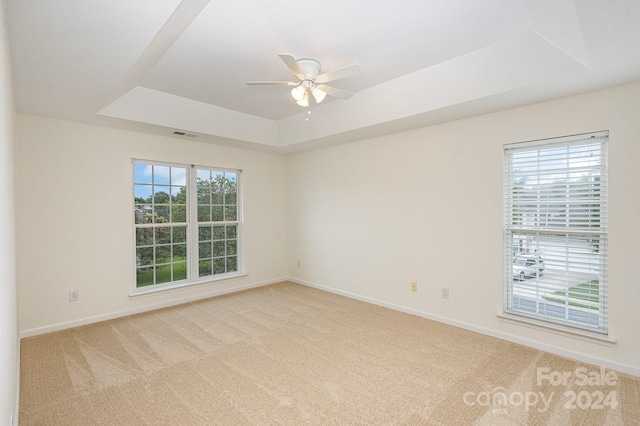 empty room featuring light colored carpet, a raised ceiling, and ceiling fan