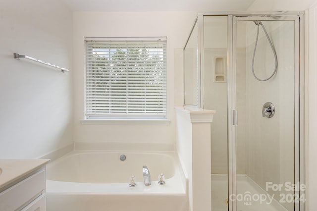 bathroom featuring vanity and plus walk in shower