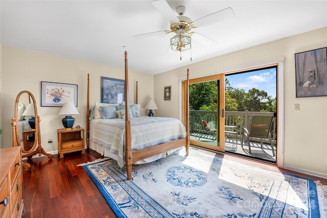 bedroom featuring a ceiling fan, access to outside, baseboards, and dark wood-style flooring