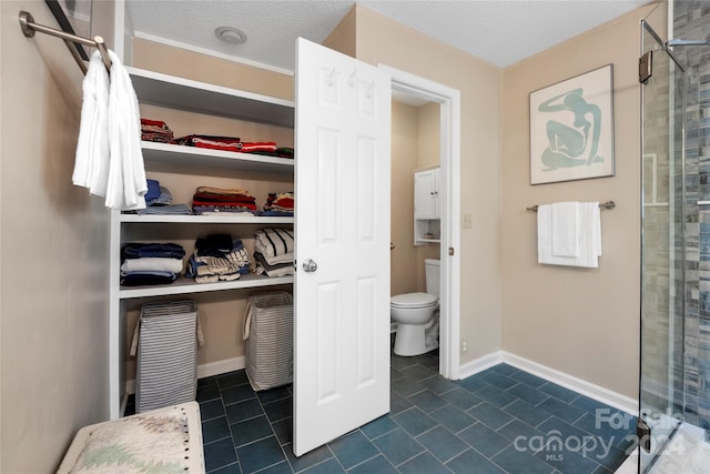 bathroom featuring a spacious closet, a shower stall, baseboards, toilet, and a textured ceiling