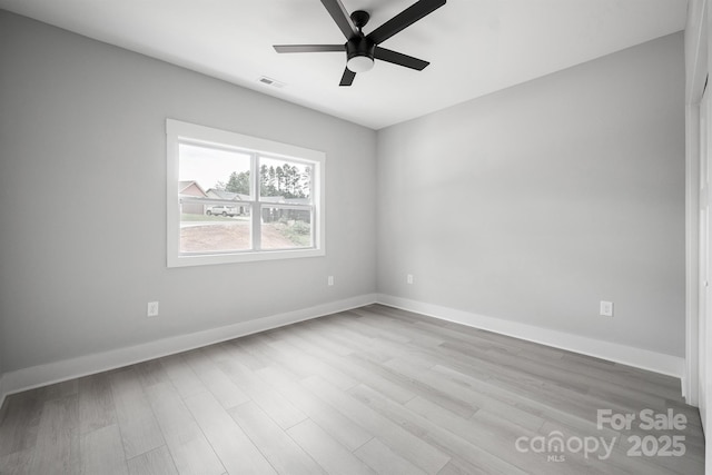 unfurnished room featuring ceiling fan and light wood-type flooring