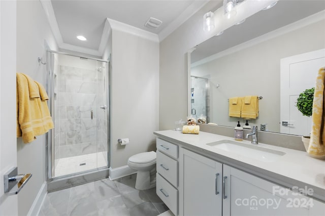 bathroom featuring ornamental molding, toilet, vanity, and walk in shower