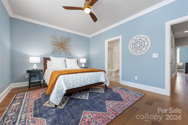 bedroom featuring ensuite bathroom, ornamental molding, ceiling fan, and hardwood / wood-style floors