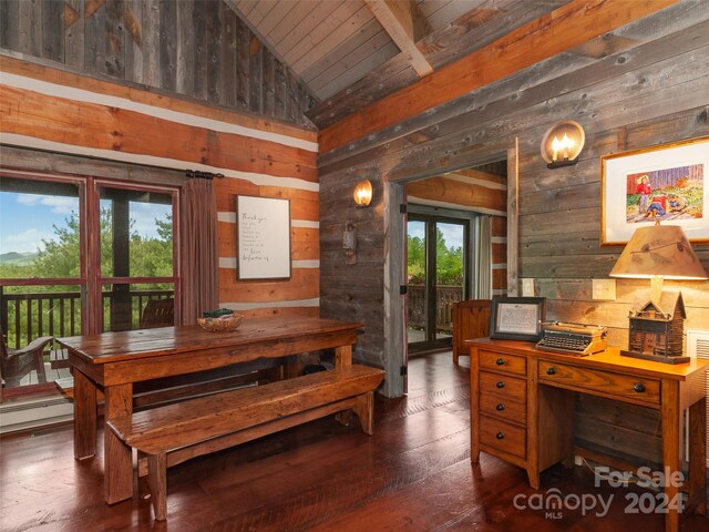 dining area with lofted ceiling, wood walls, wood ceiling, and dark wood-type flooring