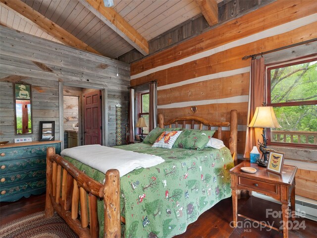 bedroom featuring wood-type flooring, wood ceiling, lofted ceiling with beams, and wooden walls