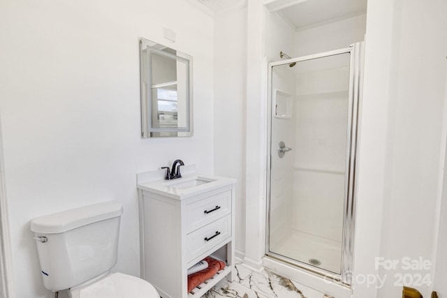 bathroom with an enclosed shower, toilet, vanity, and tile patterned floors