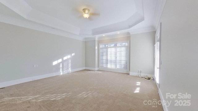 spare room with ornamental molding, a tray ceiling, light carpet, and baseboards