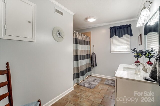 bathroom featuring vanity, crown molding, and tile patterned flooring