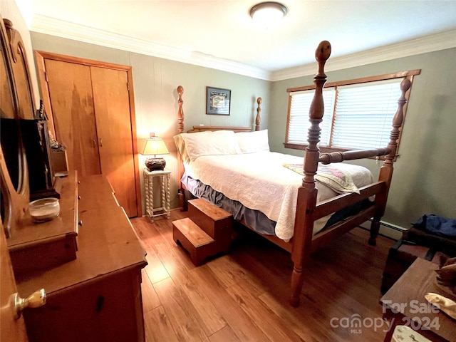 bedroom featuring a baseboard heating unit, light hardwood / wood-style floors, a closet, and ornamental molding