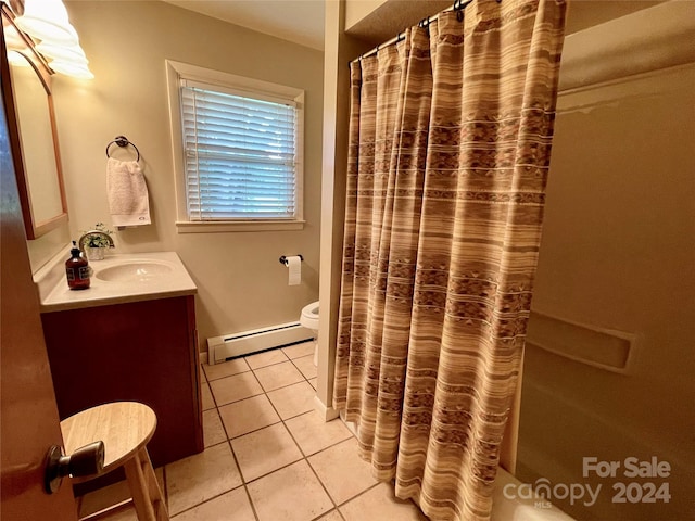 bathroom with a baseboard radiator, tile patterned floors, toilet, vanity, and a shower with shower curtain