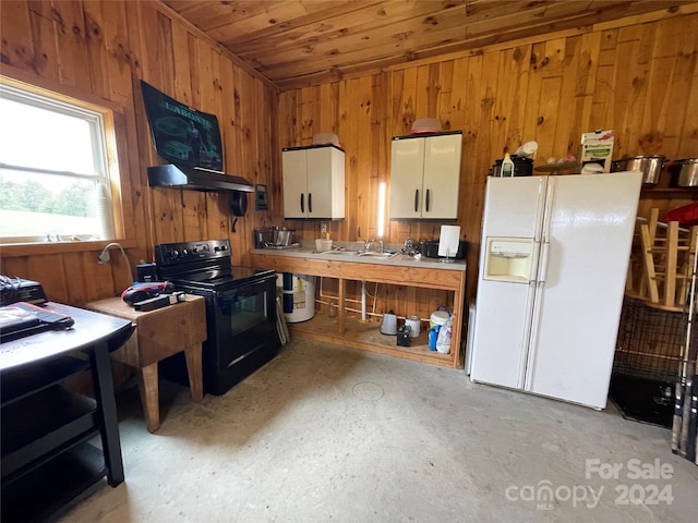 kitchen featuring wooden ceiling, wooden walls, white fridge with ice dispenser, black range with electric cooktop, and white cabinetry