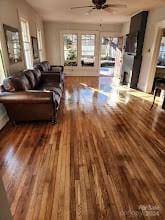 living room featuring dark hardwood / wood-style flooring and ceiling fan