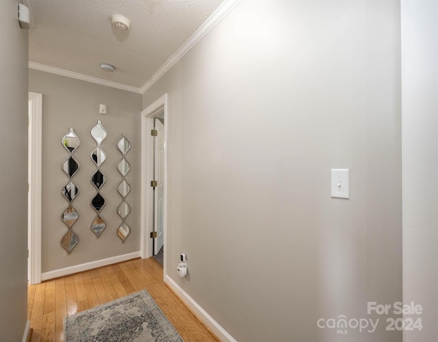 hallway with crown molding, light hardwood / wood-style flooring, and a textured ceiling