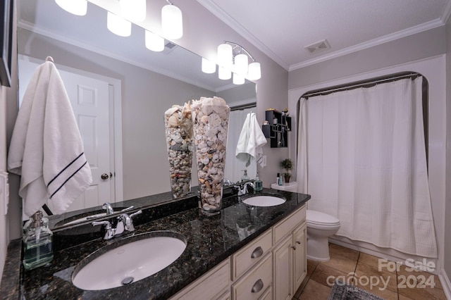 full bathroom with crown molding, tile patterned flooring, vanity, toilet, and shower / bath combo with shower curtain