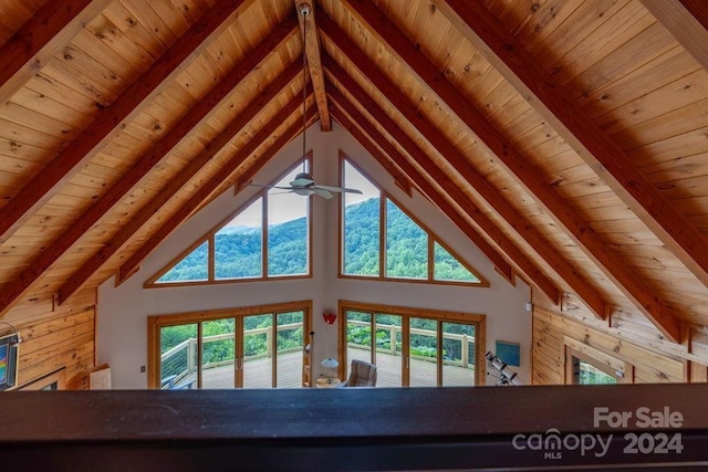 interior space featuring beamed ceiling, ceiling fan, wood ceiling, and wooden walls