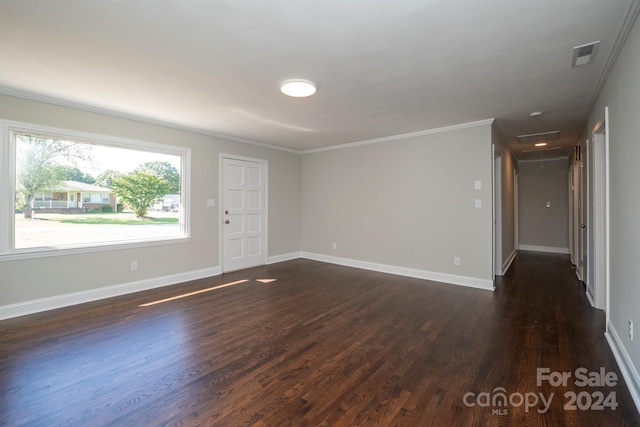 interior space featuring crown molding and dark wood-type flooring