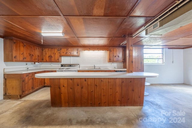 kitchen featuring stainless steel range with electric cooktop, sink, and a center island