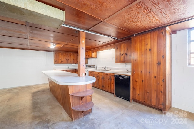 kitchen featuring stainless steel range with electric cooktop, dishwasher, a kitchen island, and sink