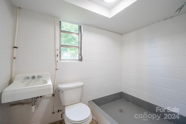 bathroom featuring a shower, toilet, and sink