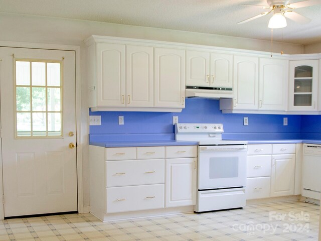 kitchen featuring light tile patterned floors, white cabinets, white appliances, and ceiling fan