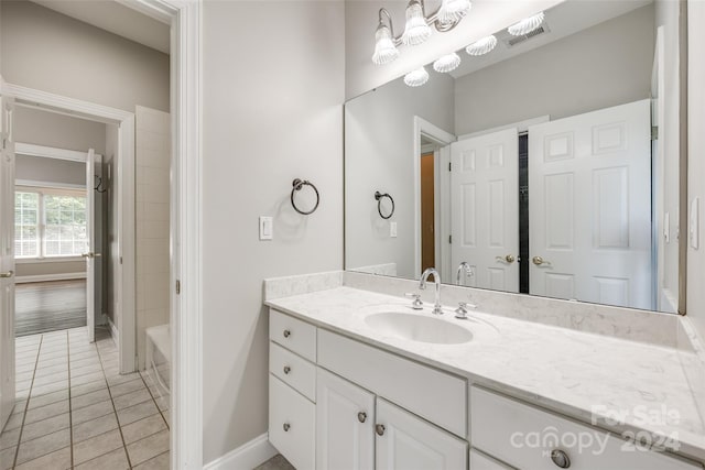 bathroom featuring shower / bathing tub combination, vanity, and tile patterned flooring