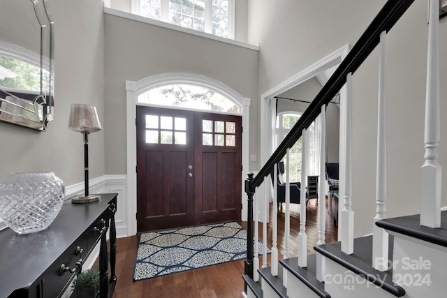 entrance foyer with a high ceiling and dark wood-type flooring