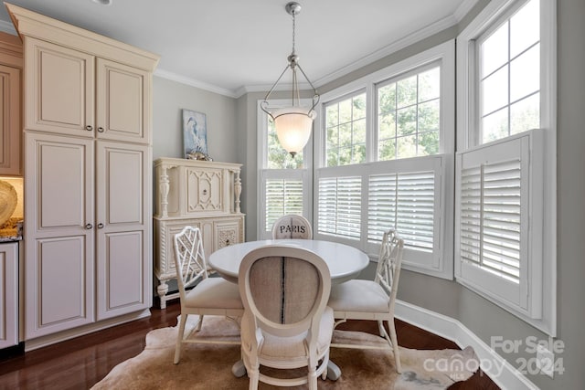 dining area with ornamental molding, dark hardwood / wood-style flooring, and a wealth of natural light