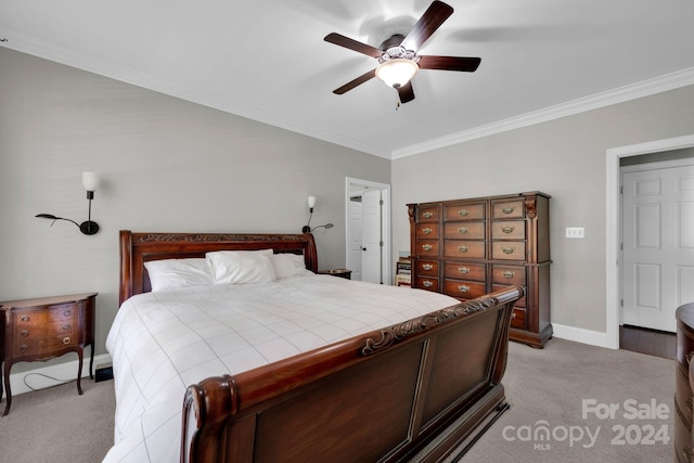 bedroom with crown molding, light carpet, and ceiling fan