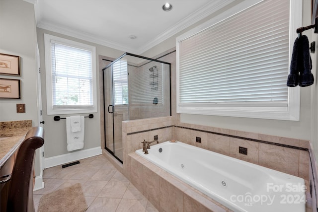 bathroom featuring tile patterned flooring, separate shower and tub, vanity, and crown molding