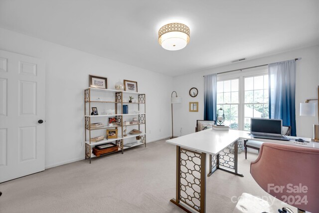 office with light colored carpet, visible vents, and baseboards