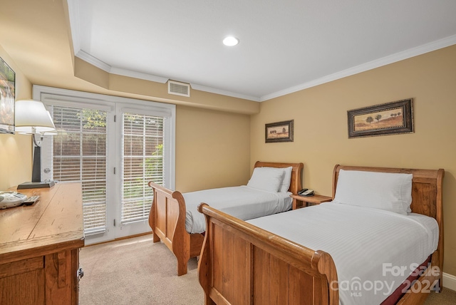 bedroom with visible vents, light colored carpet, access to exterior, and ornamental molding