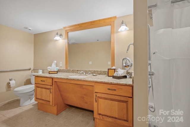 full bathroom with a shower with shower curtain, tile patterned floors, toilet, and vanity