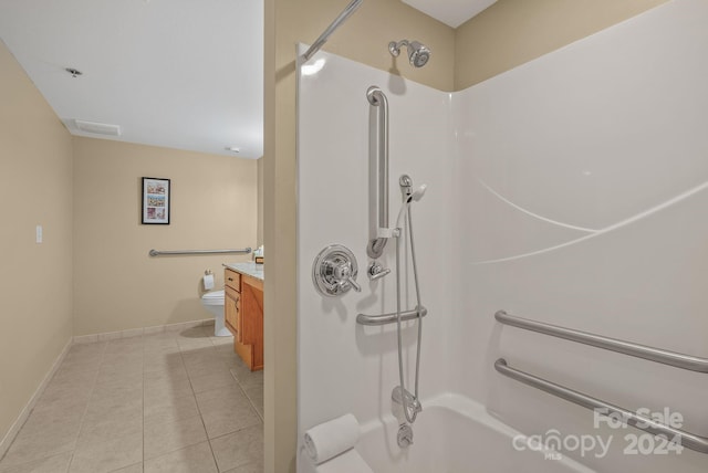 bathroom with vanity, visible vents, tile patterned flooring, bathtub / shower combination, and toilet