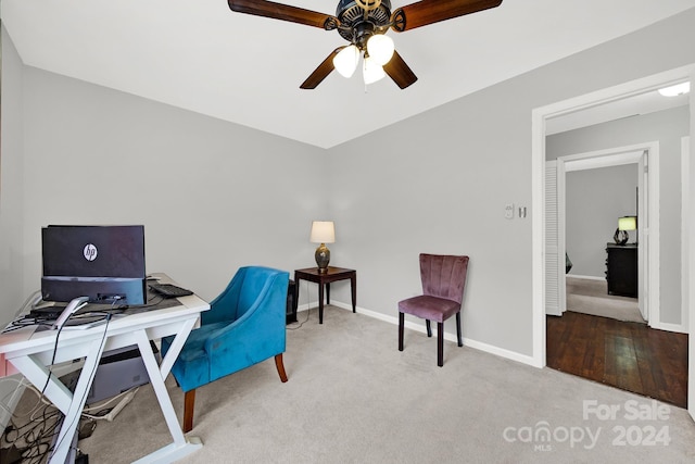 office area featuring wood-type flooring and ceiling fan