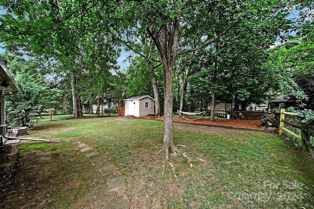 view of yard with a storage shed