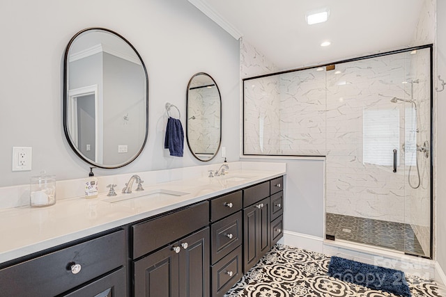 bathroom with walk in shower, tile patterned floors, dual vanity, and ornamental molding