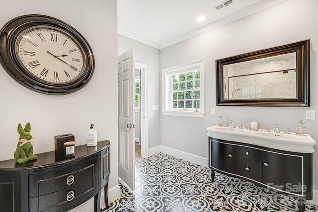 56 Fair Oaks Est, Fletcher, NC 28732 - full bathroom with tile patterned floors, double vanity, baseboards, visible vents, and crown molding