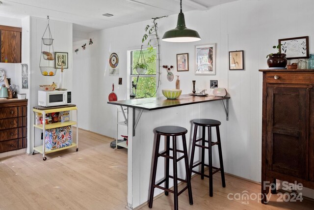 bar with pendant lighting and light hardwood / wood-style flooring