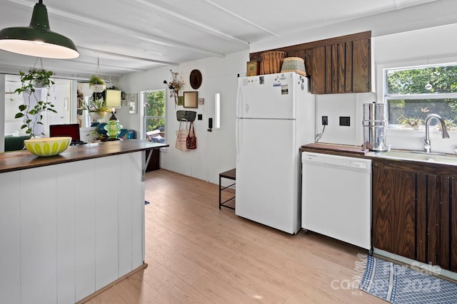 kitchen with light hardwood / wood-style flooring, sink, decorative light fixtures, and white appliances