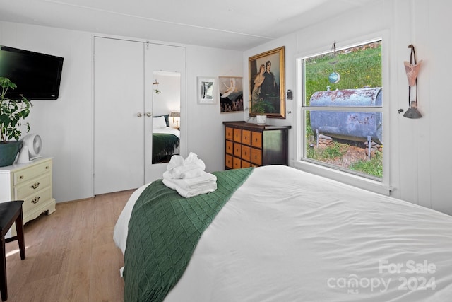 bedroom featuring light wood-type flooring and a closet