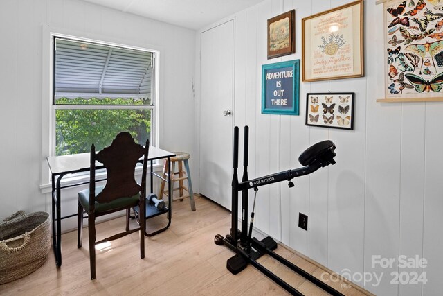 workout area featuring light hardwood / wood-style floors