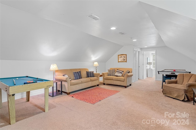 carpeted living room featuring pool table and vaulted ceiling