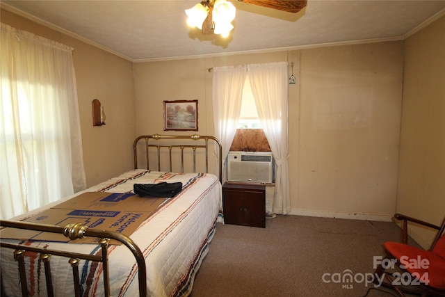 carpeted bedroom featuring cooling unit, ceiling fan, and ornamental molding