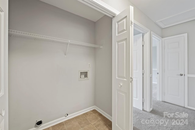 laundry room featuring hookup for a washing machine, hookup for a gas dryer, and light carpet