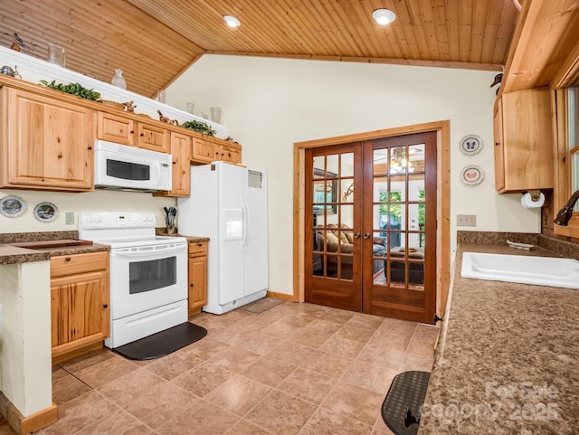 kitchen with french doors, white appliances, wood ceiling, and sink