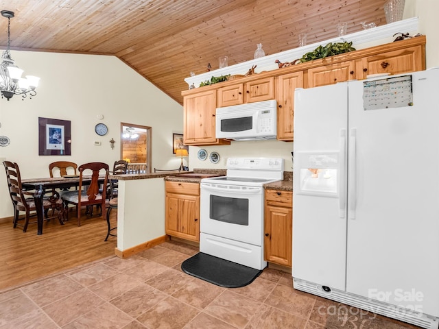 kitchen featuring lofted ceiling, white appliances, an inviting chandelier, hanging light fixtures, and wood ceiling