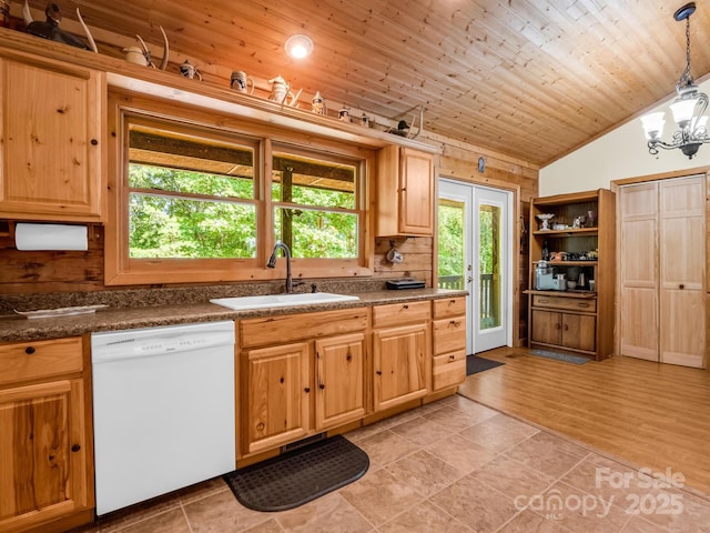 kitchen with wood ceiling, sink, pendant lighting, a notable chandelier, and dishwasher