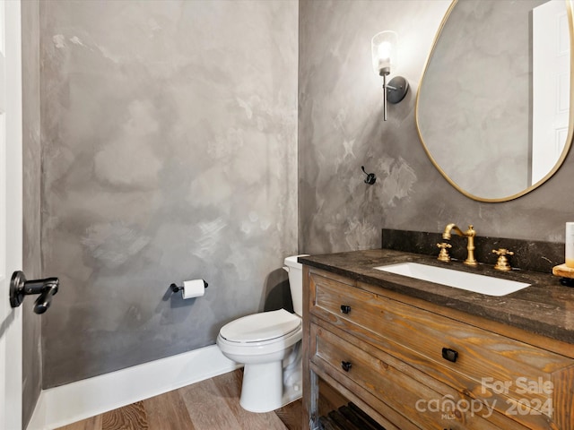 bathroom featuring vanity, wood-type flooring, and toilet